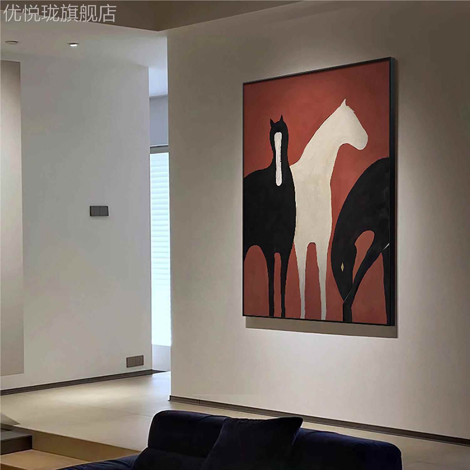 网红现复古挂客厅装饰画象骏马背景落沙地玄抽画发高级代感入户关图片