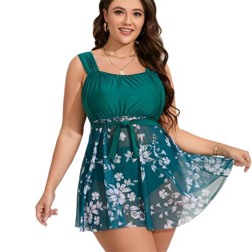 Fat split swimsuit two sizes women's printed mesh skirt