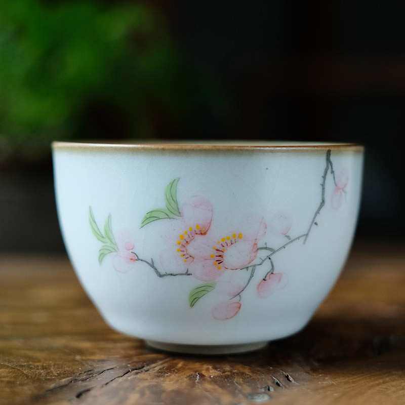 景德镇釉上粉彩手绘水点桃花汝窑开片釉茶杯功夫茶具复古粗陶主人