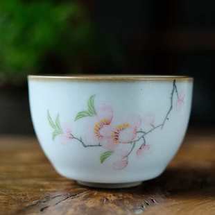 景德镇釉上粉彩手绘水点桃花汝窑开片釉茶杯功夫茶具复古粗陶主人