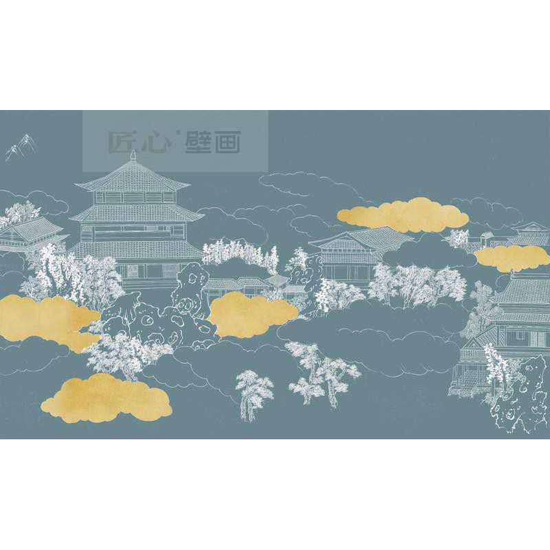 8d山水楼阁飞鹤电视背景墙壁纸中式雅致茶室墙布意境无缝自粘壁纸