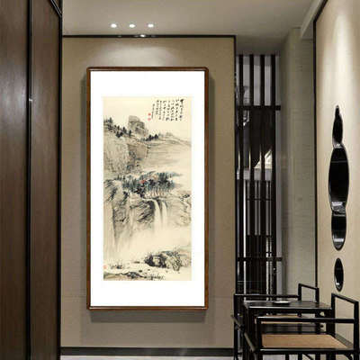 张大千山水画新中式客厅背景墙装饰画办公室茶楼玄关过道竖版挂画