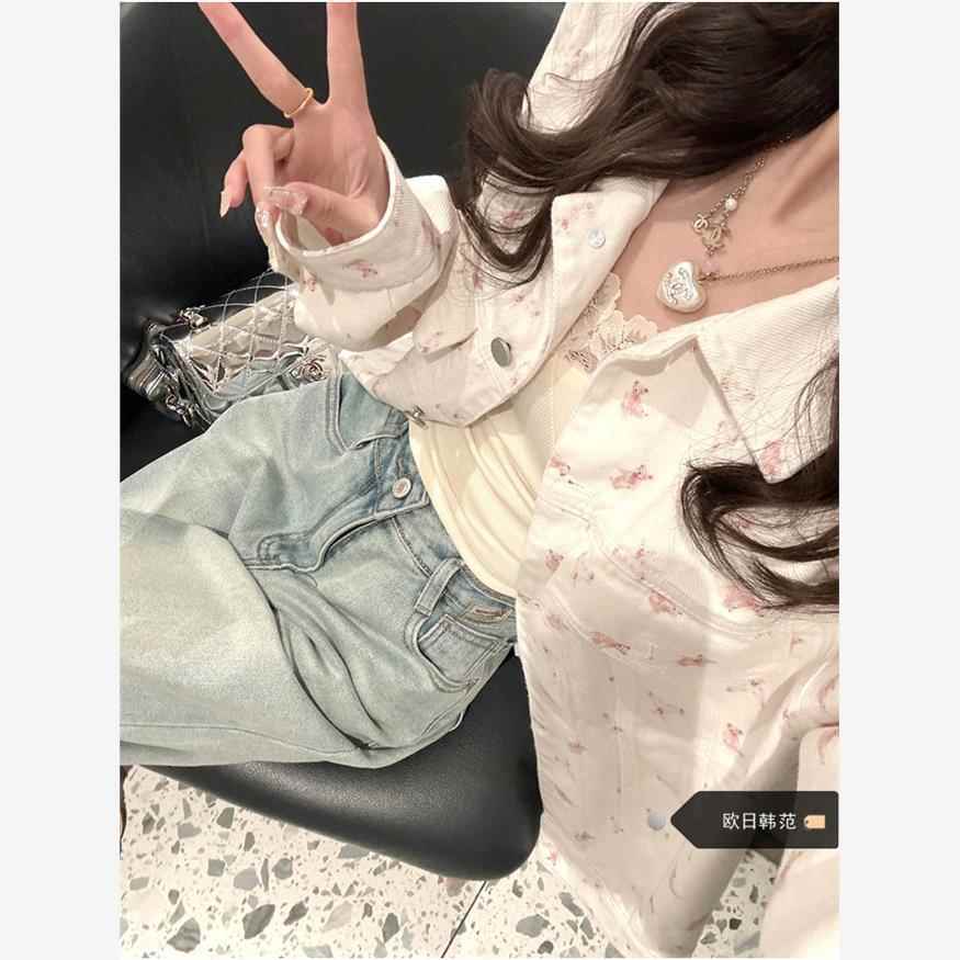 大码白色小熊印花牛仔外套女春季设计感小众宽松百搭夹克长袖上衣