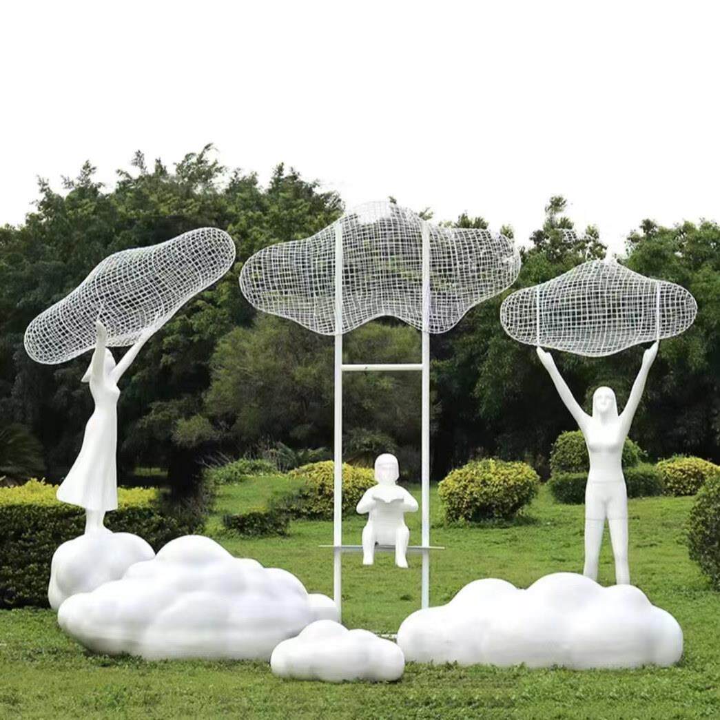 户外不锈钢镂空云朵雕塑玻璃纤维抽象人物摆件样品屋展示中心广场