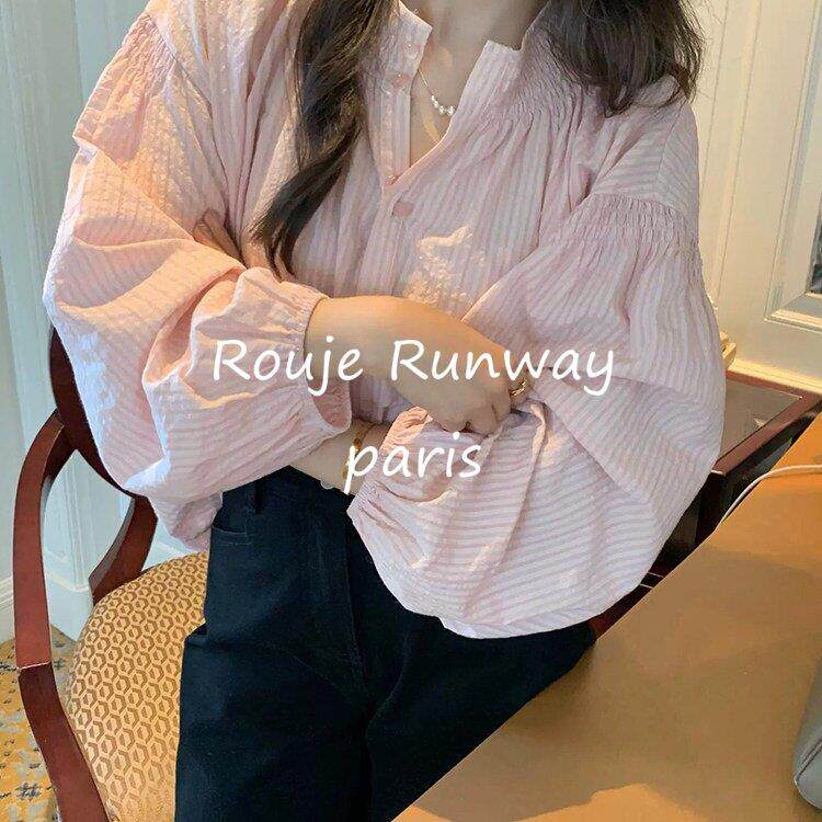 Rouje Runway条纹长袖衬衫新款春夏宽松褶皱领口娃娃衬衫防晒上衣