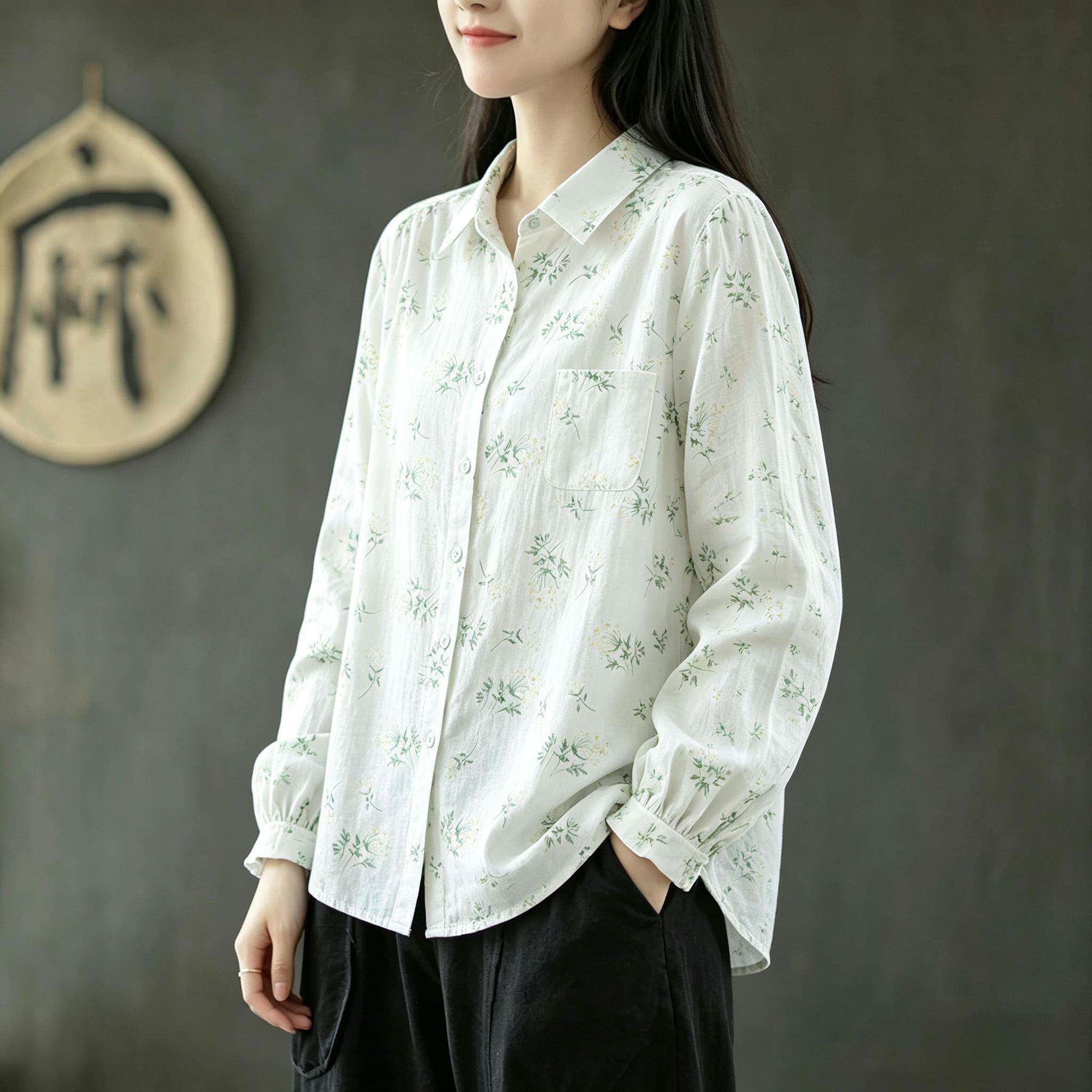 新品日系文艺印花长袖衬衫女春秋季宽松显瘦百搭翻领衬衣双层棉纱