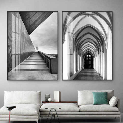 大幅黑白灰工业风轻奢装饰画意式北欧建筑空间延伸感挂画客餐厅画