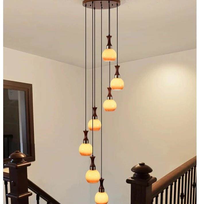 胡桃木色楼梯长吊灯别墅复式自建房客厅大厅餐厅旋转挑空长吊灯