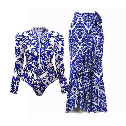 Black And Printed Long Sleeve Swimsuit With ver Up Sexy Swim