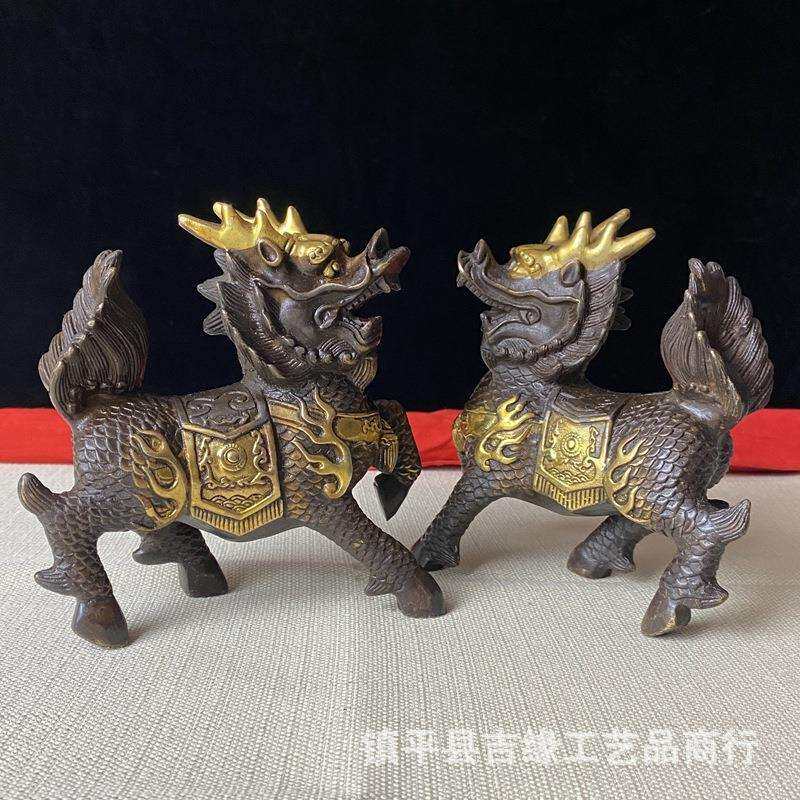 鎏金麒麟仿古铜器工艺品摆件紫铜色古典收藏品桌面摆设大号火麒麟