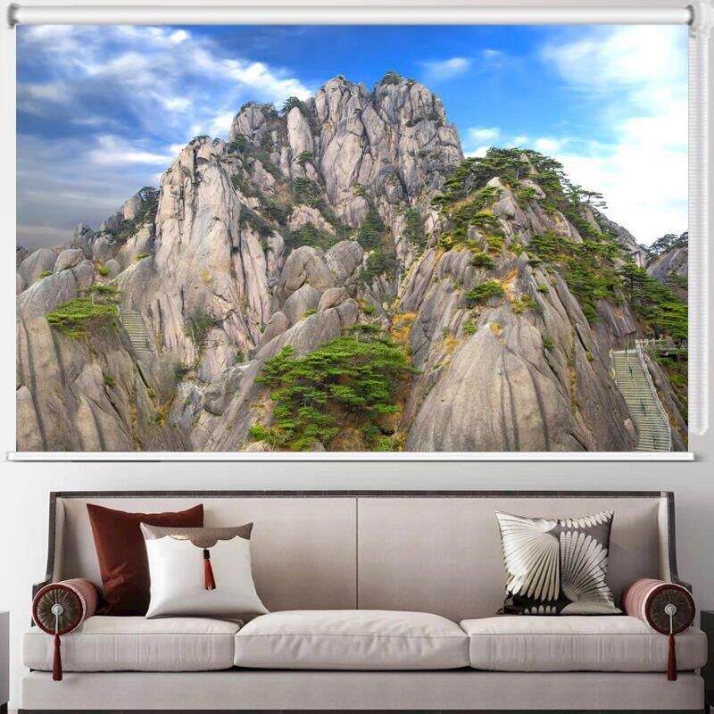 大山风景无水靠山画卷帘办公室客厅背有靠山画遮阳防晒卷拉式窗帘