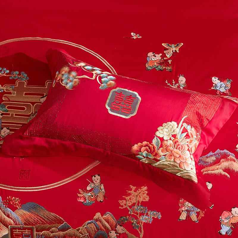 【折扣价】140支全棉百子图婚庆四件套大红结婚床上用品纯棉喜被