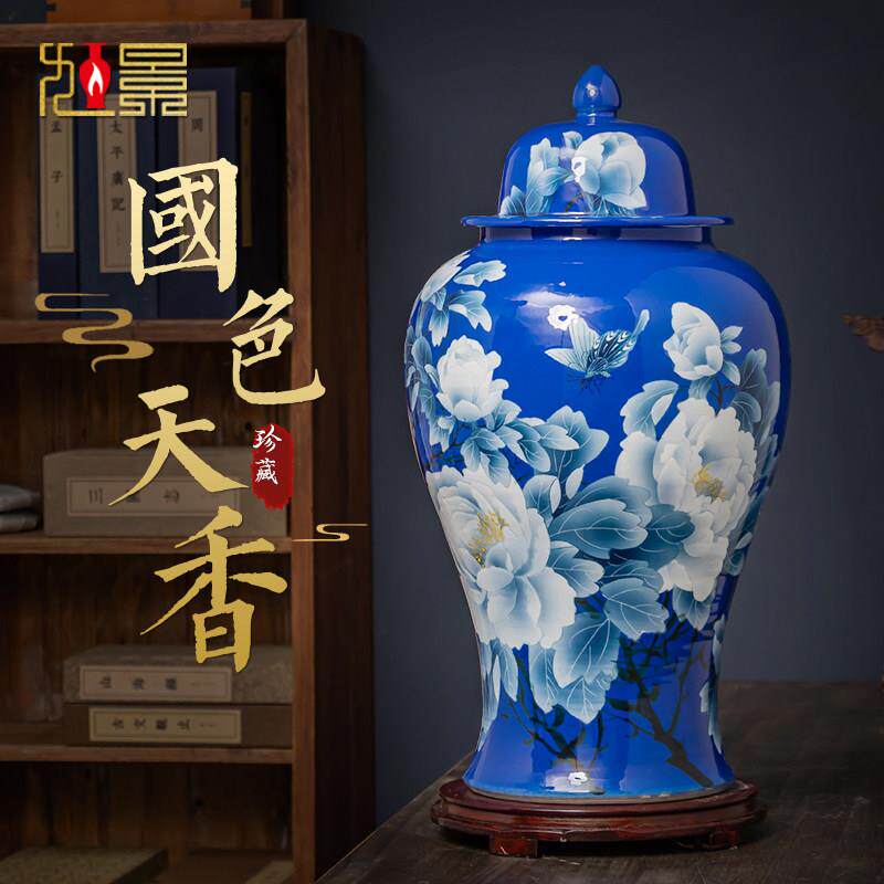 景德镇陶瓷花瓶手绘将军罐摆件仿古新中式粉彩瓷器客厅电视柜摆件