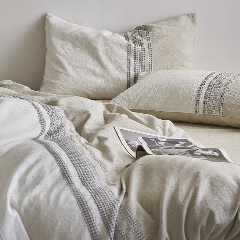 全被套床奢4风床上用品高级北欧提花米卡其81棉笠.四件套感床单轻
