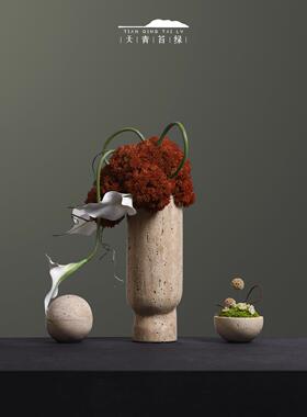 天青苔绿 隐奢大理石苔藓花艺摆件 样板间酒店书房玄关花艺花器