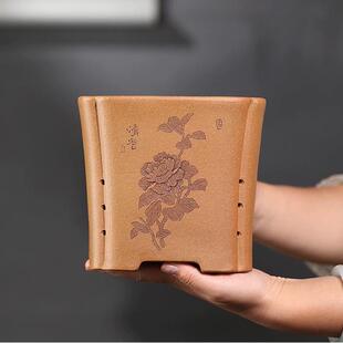 紫砂降坡泥海棠口花盆手工古典长方桌面绿植花器盆景盆苏兵陶艺