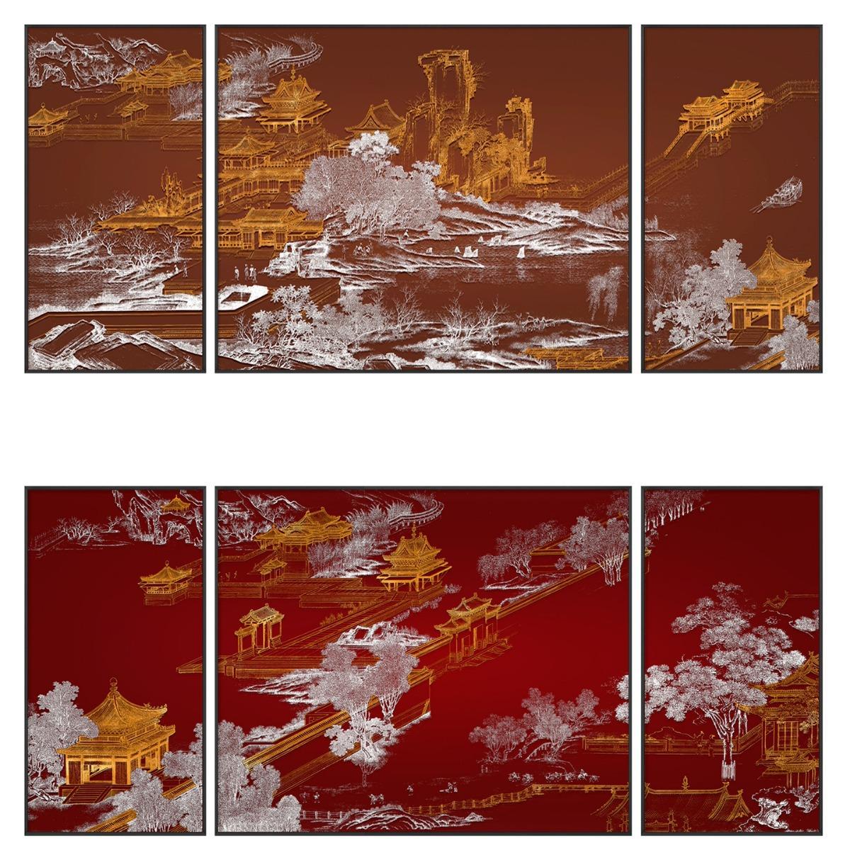 新中式客厅沙发背景墙浮雕装饰画酒店茶室大气大尺寸三联挂画