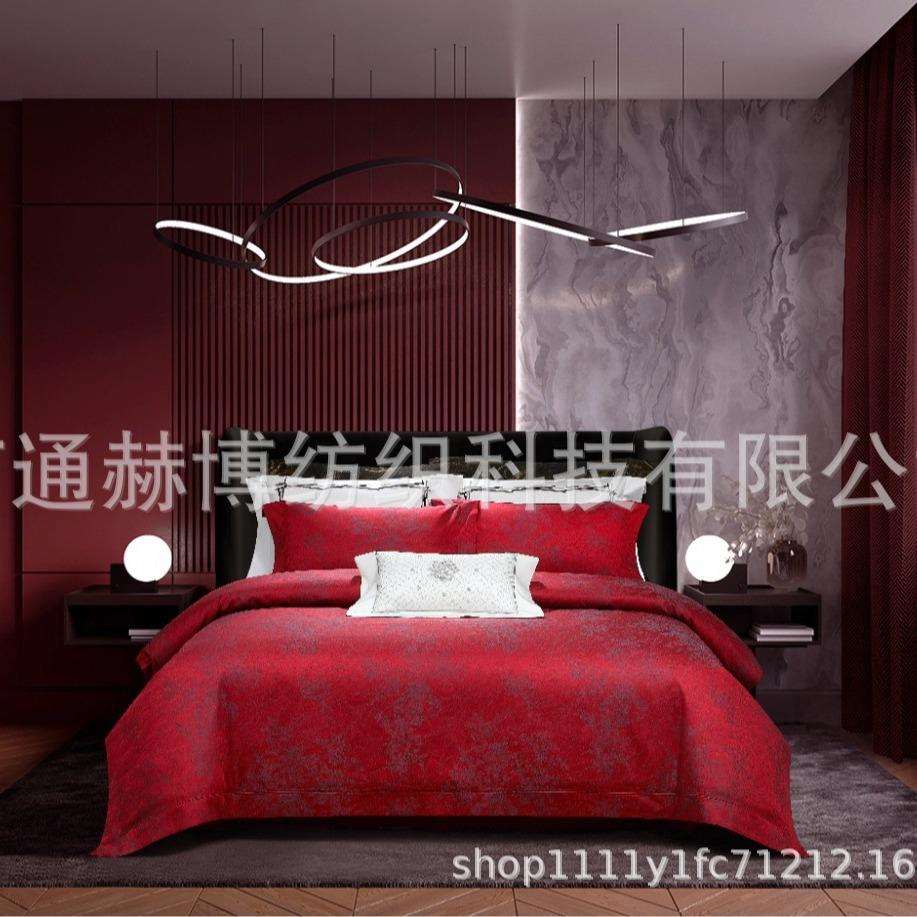 简约港式配套床品展厅色织提花四件套高端轻奢全棉贡缎别墅间床品