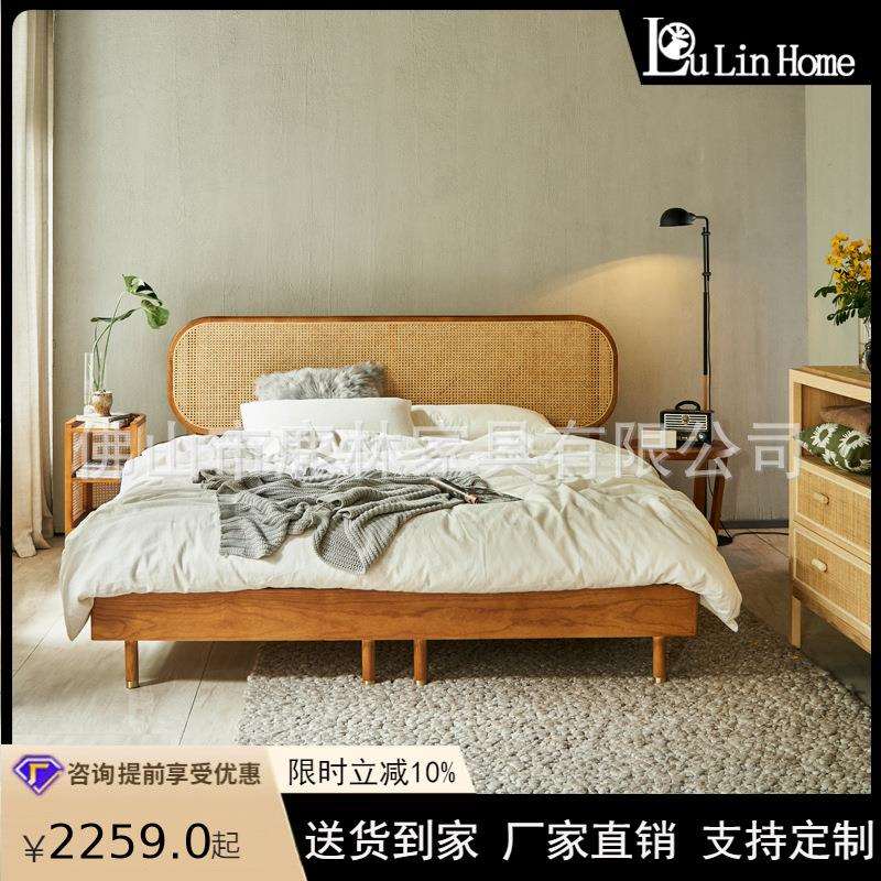 北欧天然真藤双人床民宿现代简约藤编床创意家用卧室实木床1.8米