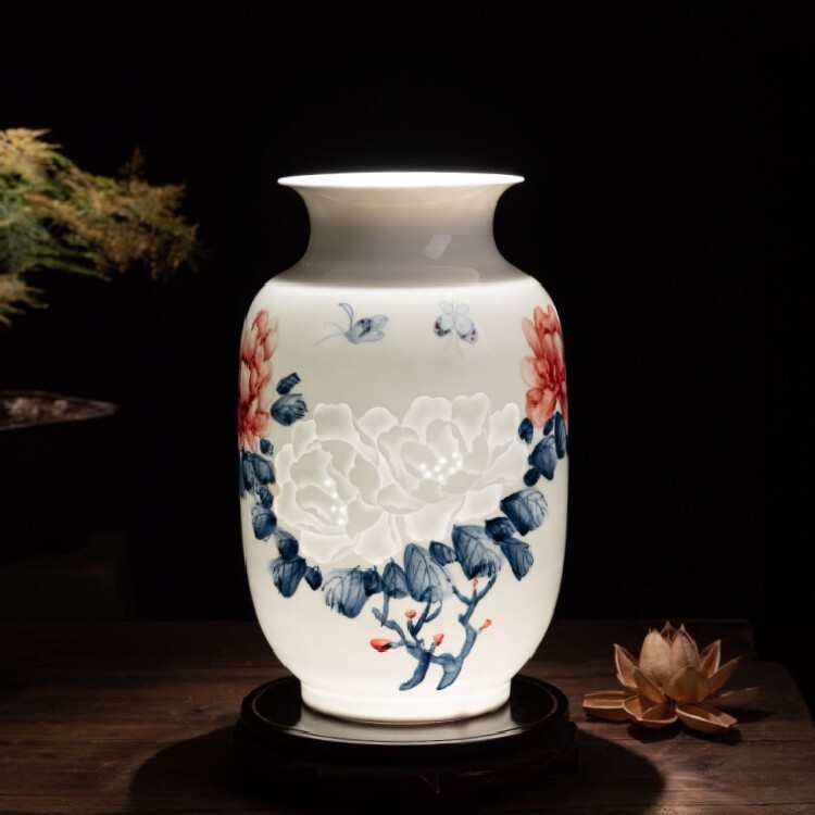 陶瓷手绘薄胎透光瓷花鸟半刀泥花瓶冬瓜瓶摆件中式客厅装饰品摆件