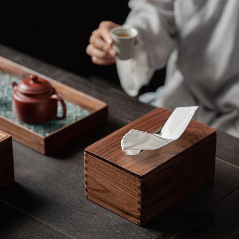 黑胡桃木纸巾盒简约家用客厅餐厅多功能原木抽纸盒一体桌面收纳盒