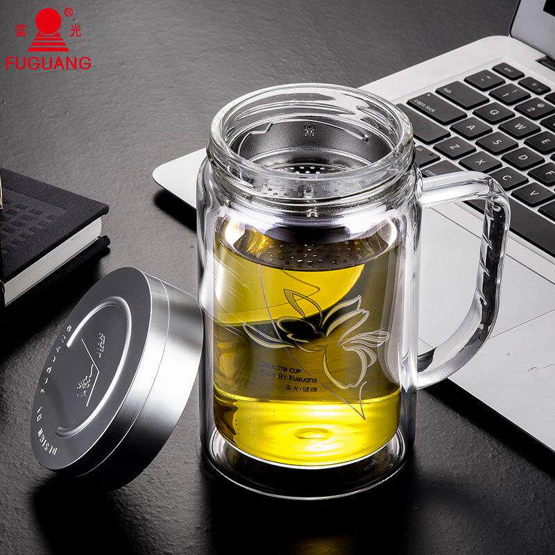健牌双层玻璃杯带把手办公茶杯700B-320 520ml 团购印字
