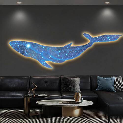 梦幻鲸鱼客厅背景装饰画现代轻奢创意led灯画新款主卧室床头挂画
