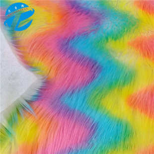 现货五彩滚束彩条毛绒布色海派彩虹长毛绒扎染印花落水毛面料批发