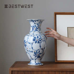 新中式青花瓷陶瓷花瓶景德镇落地大号摆件客厅插花轻奢高级感玄关
