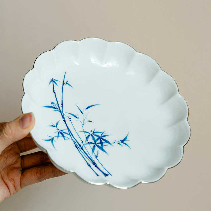 描白金纯手绘青竹花瓣壶承紫砂壶托盘茶壶干泡盘陶瓷功夫茶具配件