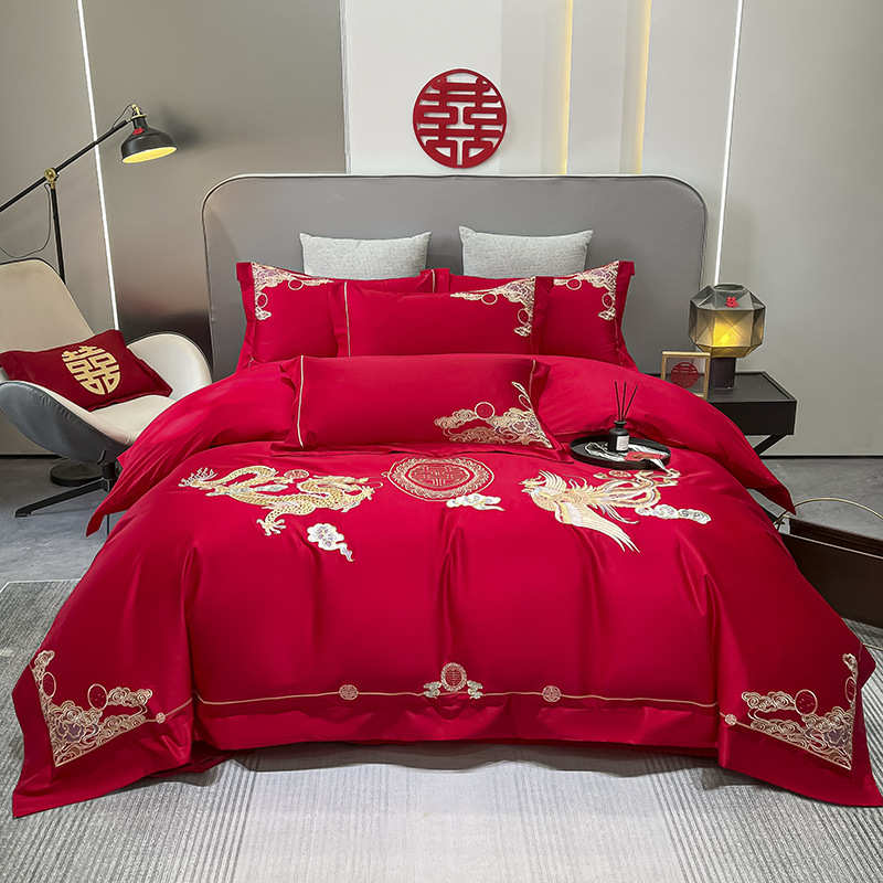 结婚刺绣欧式棉婚庆件套磨毛房床上用品高档被套陪嫁婚大红色四