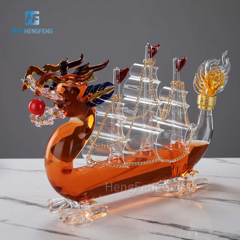 十二生肖龙舟造型工艺酒瓶 帆船龙舟1000ml创意玻璃工艺泡酒瓶