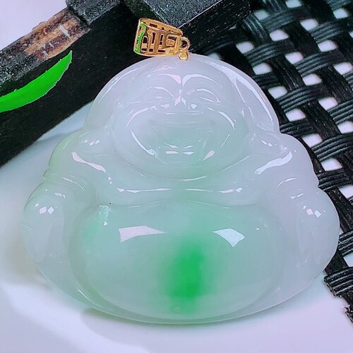 缅甸天然真品翡翠正品18k金扣头冰飘绿花高端精品闪拍佛公玉吊坠