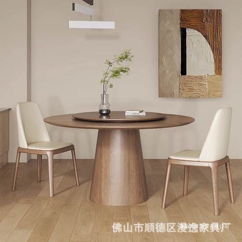 法式复古实木圆桌家用小形户餐厅圆饭桌胡桃黑木圆实木圆桌型餐桌