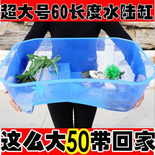 特大号73*43*23蓝色塑料龟缸 水陆两用带晒台养龟生态缸