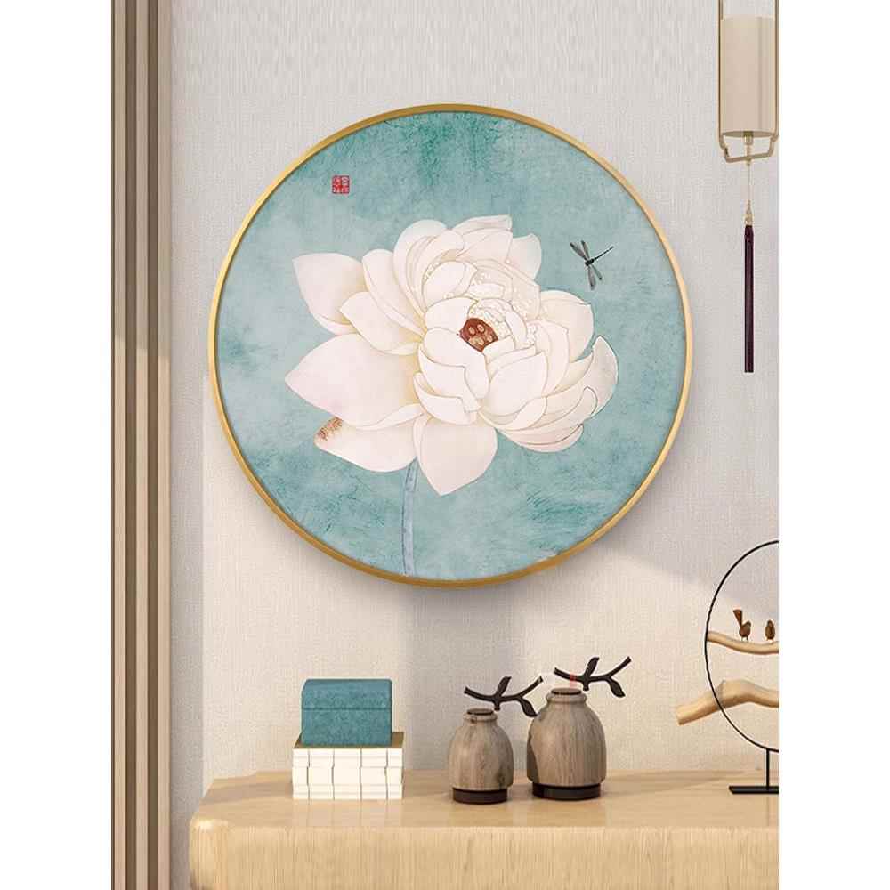 新中式装饰画圆形荷花玄关画入户过道挂画书房茶室样板间墙壁画图片