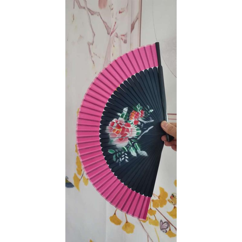 折扇好品质21厘米6.3寸双面牡丹花蓝骨玫红色女式和风日式竹扇子