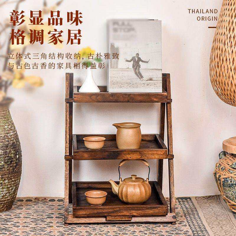 折叠三层置物架桌面浴室卫生间厨房台面木质收纳家用多功能实木架