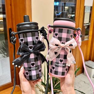 吸管式饮水杯韩系蓝色星星保温杯2025新款吸管式咖啡杯女生高颜值