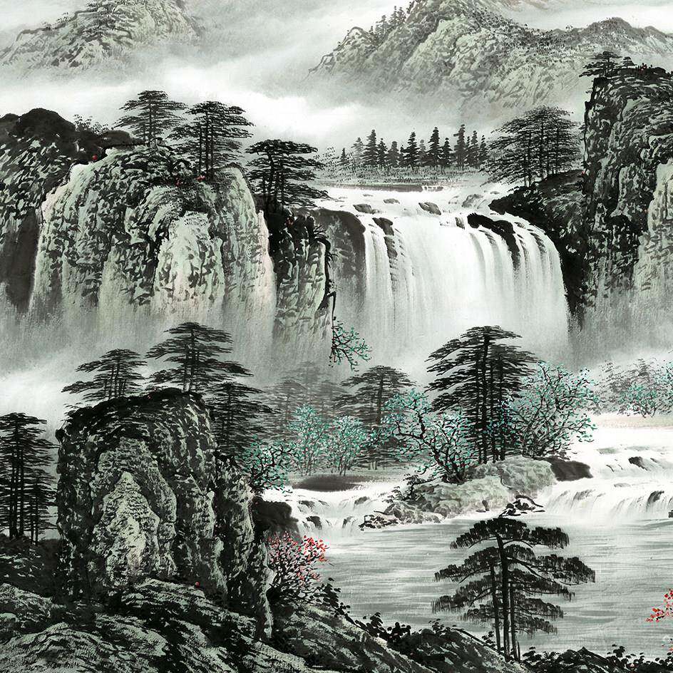 源远流长旭日东升风水招财靠山国画山水装饰画芯高清宣纸微喷打印