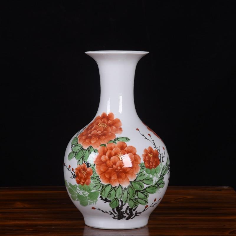 新款手绘牡丹陶瓷花瓶摆件景德镇中式花瓶客厅家居装饰品现货