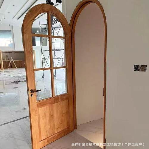 中式复古老榆木圆弧拱形门民宿玻璃室内门圆弧门家用庭院进户门