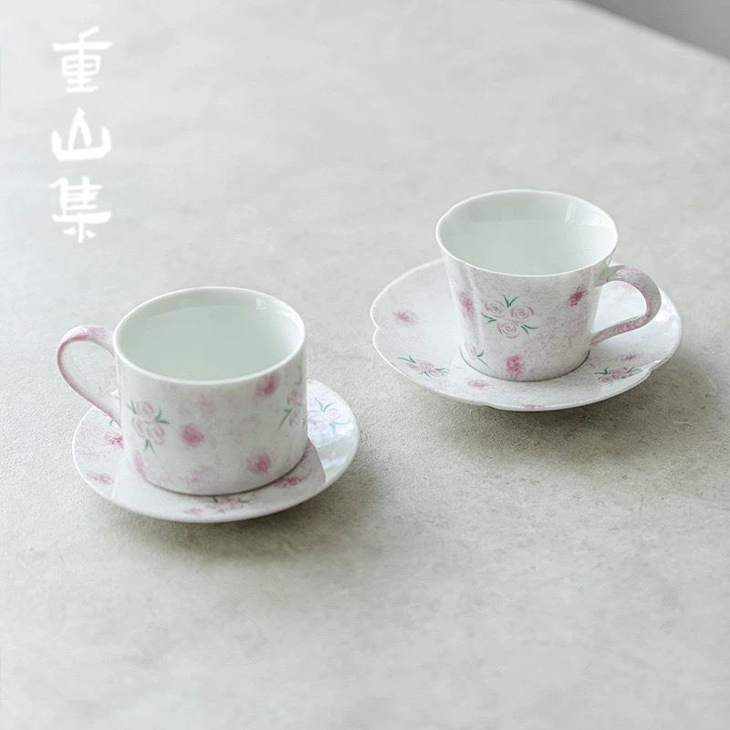 咖啡杯陶瓷釉下彩手绘玫瑰喝茶杯女士精致家用简约高颜值杯碟套装