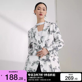 t区绫致Vero Moda2024春夏蝴蝶印花直筒中长款垫肩西装外套女