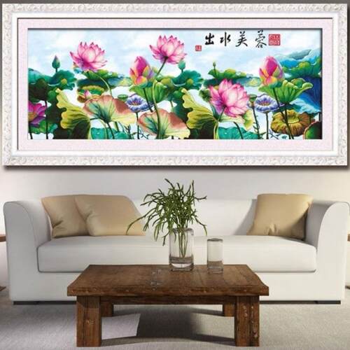 出水芙蓉十字绣新款大幅客厅卧室花卉荷花图大格满绣手工自己绣