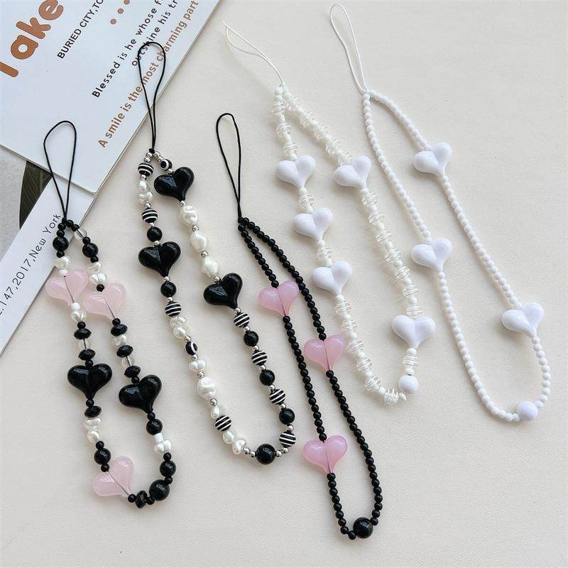 创意恶魔之眼桃心黑白条纹串珠手机链防丢手机壳挂绳配件相机挂饰