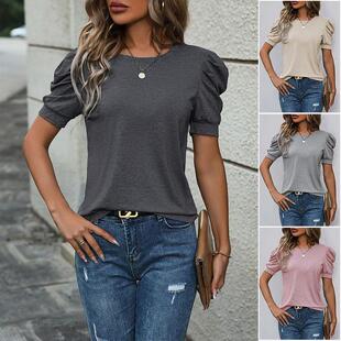 Women Puff Short Sleeve Crewneck Dressy Casual Tops Summer