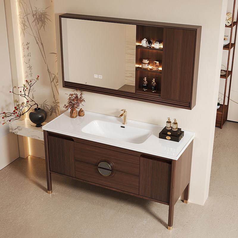 新中式橡木浴室柜组合陶瓷一体盆落地洗脸台盆实木洗漱岩板浴柜