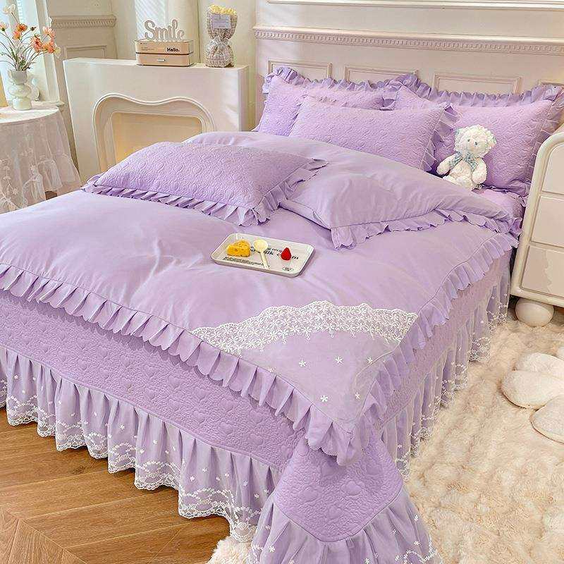新款亲肤韩式双层蕾丝花边床盖四件套公主风夹棉床盖被套床上用品