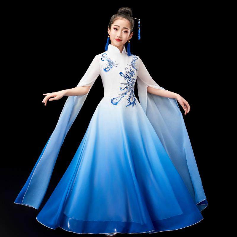 正品女童国中风中大童飘演逸水袖儿童古钢筝演出服汉服长笛琴长裙